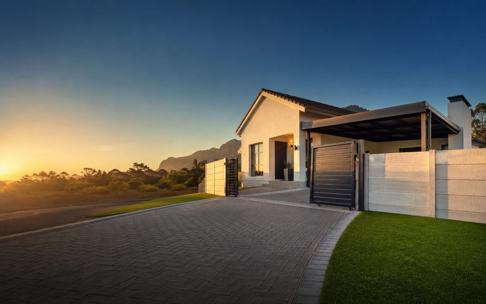 A modern Western Cape home at golden hour with new paving, a steel driveway gate, carport and neat lawn.
